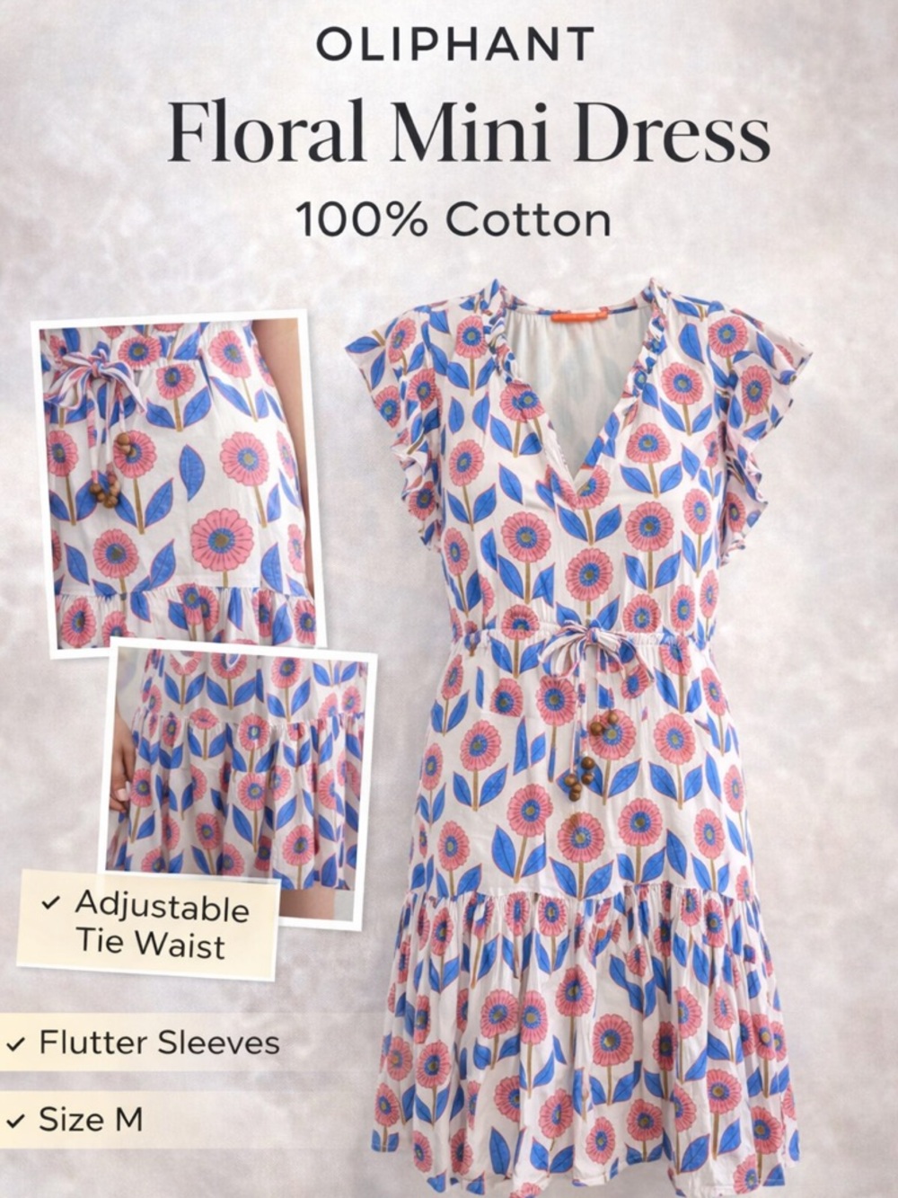 Oliphant Floral Babydoll Mini Dress Cotton Cottagecore Ruffle Sleeve Tie Waist